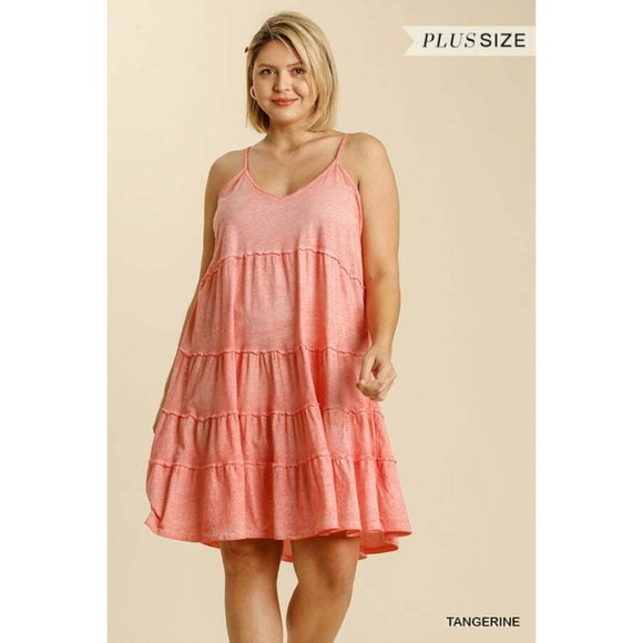 Umgee Plus Size Tangerine Spaghetti Strap Ruffled Tiered Dress - Picture 1 of 4